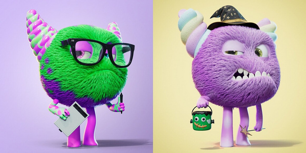 可爱怪物卡通插图角色C4D渲染