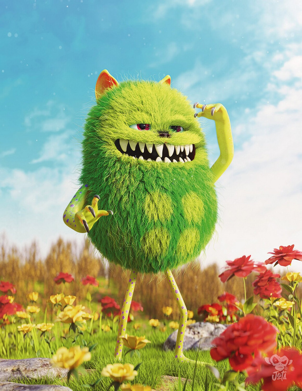 3D吉祥物：可爱怪物卡通插图角色C4D渲染